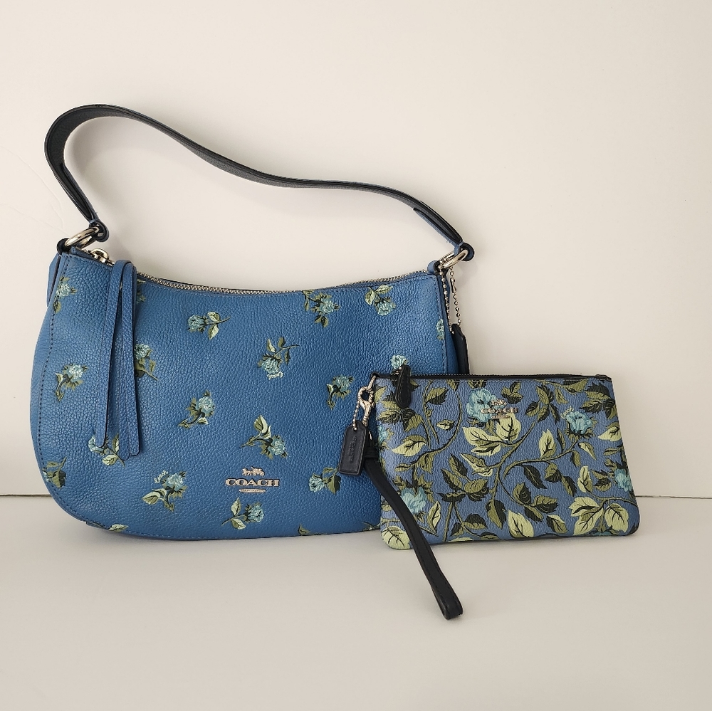 Coach sutton blue floral print + zip pouch
